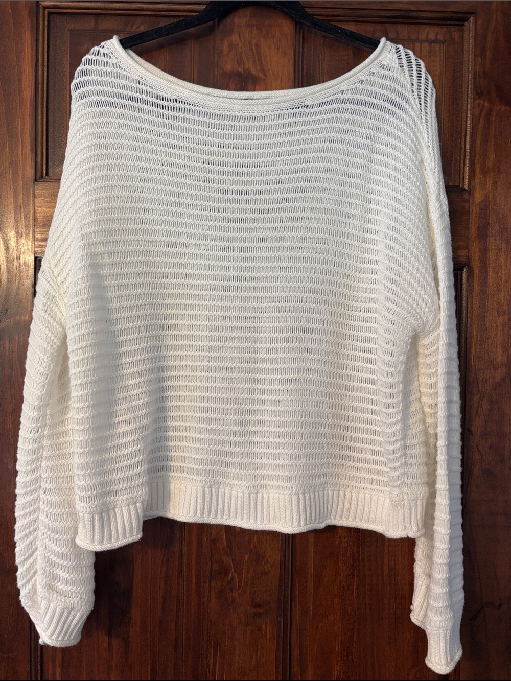 aerie Creamy White Open-Weave Scoop Neck Boxy Long Sleeve Sweater M